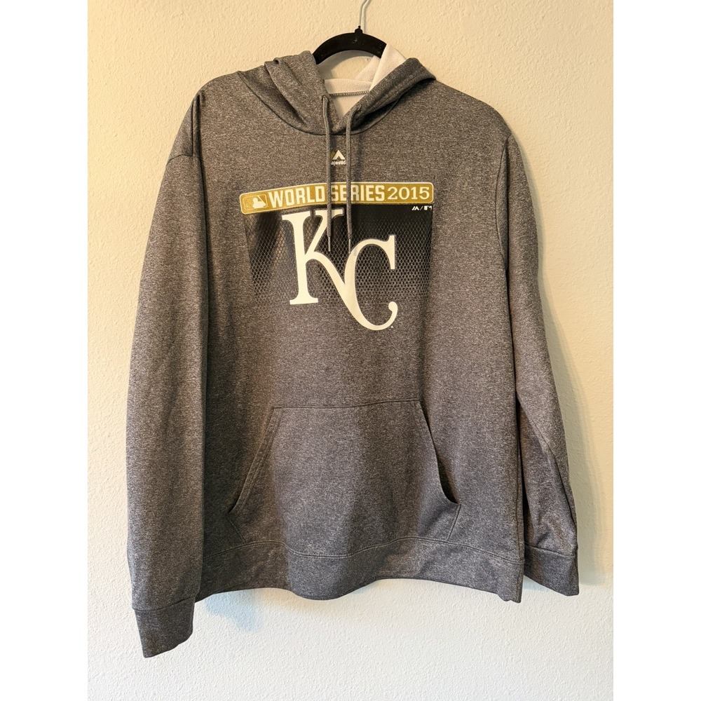 Majestic Kansas City Royals Men's Large 2015 World Series Hoodie‎ Gray And Gold